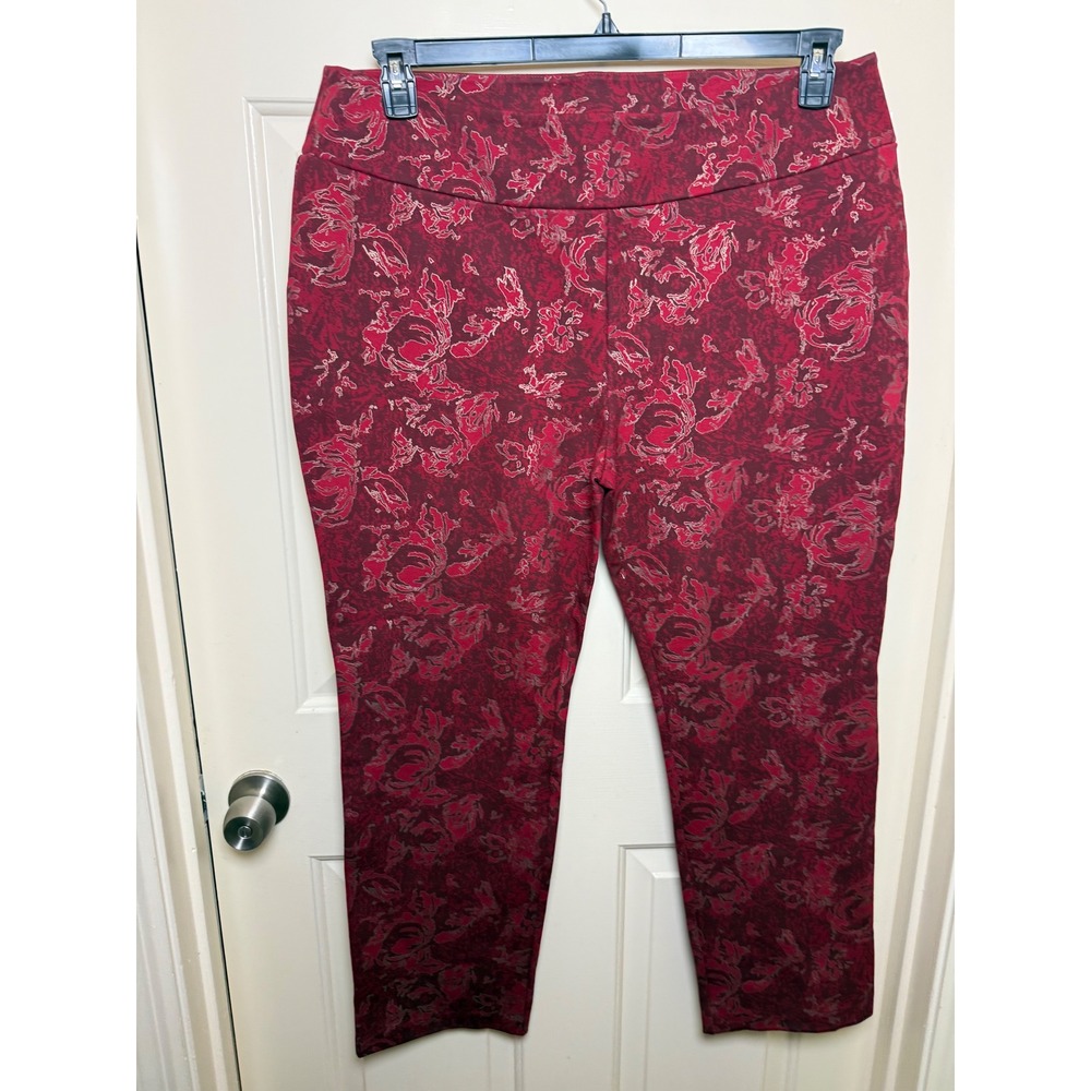 Soft Surroundings Red Floral Damask Pull On Pants Tapered Leg Stretch 1X